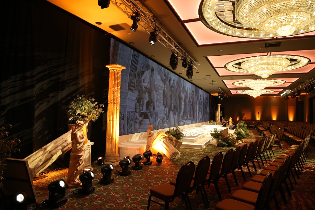 Conference stage with LED wall, lighting and scenic elements in an Athens hotel ballroom
